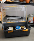 Heavy Duty IP68 Waterproof Plastic Storage Tote Featuring Tough As Nails Gasket Seal And Secure Latches Rugged Gray Bin open with tools inside.