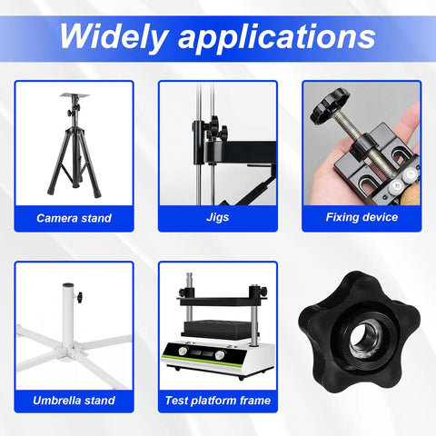Image showing various applications of Six Pack Star Knobs 3/8-16 Tpi Female Adapter For T Track Bolts Jig Clamps in workshop setups.