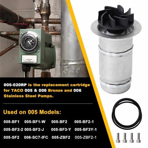 005-020RP Replacement Cartridge Assembly for Taco 005 Circulator Pump, stainless steel, used in heating systems, reliable hot water flow.