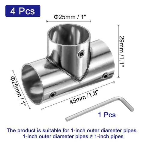Tee Pipe Connector Set Four Piece End Rails Clamp With Wrench, stainless steel corner fittings, 1 inch diameter DIY shelf support