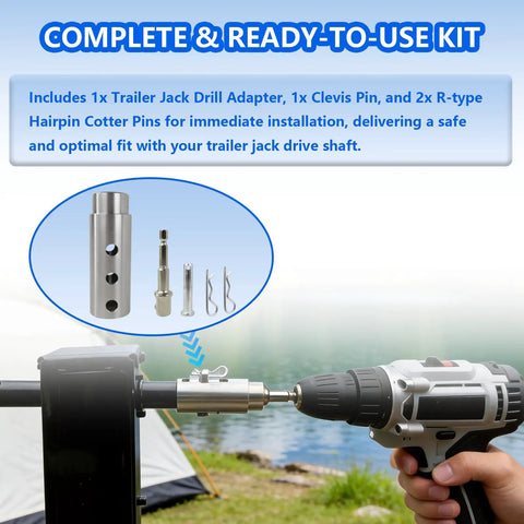 Heavy Duty Trailer Jack Drill Adapter With One Inch Drive Shaft And Half Inch Socket Bit For Electric Drills shown with clevis pin and cotter pins.