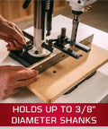 Heavy Duty Benchtop Drill Press And Mortiser With Half Inch Chisel And Four Three Quarters Inch Stroke For Weekend Warriors, adjusting mortiser for 3/8" shanks.