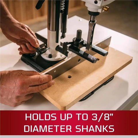 Heavy Duty Benchtop Drill Press And Mortiser With Half Inch Chisel And Four Three Quarters Inch Stroke For Weekend Warriors, adjusting mortiser for 3/8" shanks.