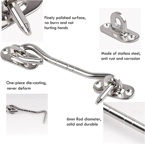 Stainless Steel Heavy Duty Gate Hook and Eye Latch for Door Window Cabinet with finely polished surface and 6mm rod.