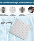 Brushed Nickel Tub And Shower Faucet Set With 8 Inch Rain Shower Head Waterfall Tub Spout Wall Mounted Rough In Valve And Trim Kit Included 2 Function Shower System Mixer, stainless steel high pressure shower head with nozzle and anti-clog features