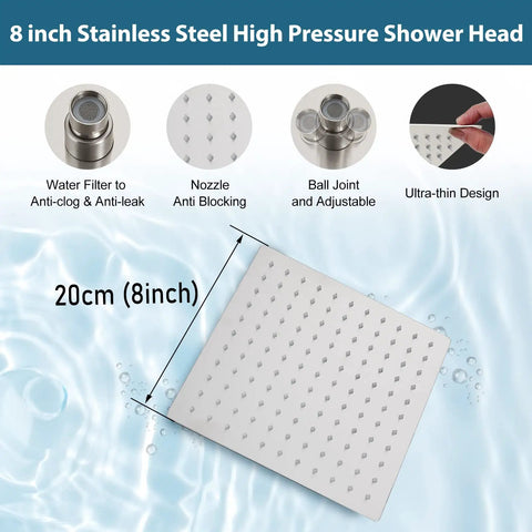 Brushed Nickel Tub And Shower Faucet Set With 8 Inch Rain Shower Head Waterfall Tub Spout Wall Mounted Rough In Valve And Trim Kit Included 2 Function Shower System Mixer, stainless steel high pressure shower head with nozzle and anti-clog features