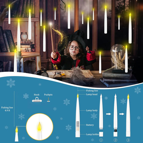 Child using wand to control Spooky LED Floating Candles With Wand Remote Dope Flameless Taper Candles in window decor