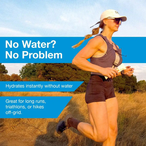 Woman running outdoors holding Zero Sugar Hydration Gel For Runners And Cyclists, Ready To Drink On The Go, Instant Hydration With No Water Needed