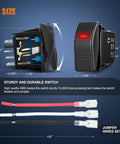 Marine Rocker Switch LED Light Bar 3 Pin With Red Backlit, SPST On Off Switch, size view with jumper wires set