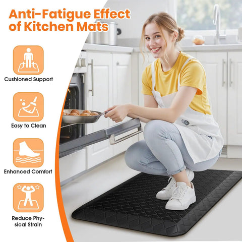 Woman kneeling in a kitchen on an Extra Thick Four Fifths Inch Non Slip Anti Fatigue Kitchen Floor Mat Waterproof Stain Resistant Cushioned Comfort Mat For Standing And Office Use 17 By 24 Inches Black, showing cushioned comfort and anti-fatigue support while baking.