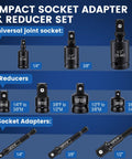 10 Piece Socket Adapter Set For One Quarter Three Eighths One Half Inch Drives With Reducers Universal Joints And Drill Adapters CrMo Steel Built Tough Heavy Duty Impact Gear For Auto Repair And DIY Projects. 1/4, 3/8, 1/2 inch CR-MO adapters and reducers
