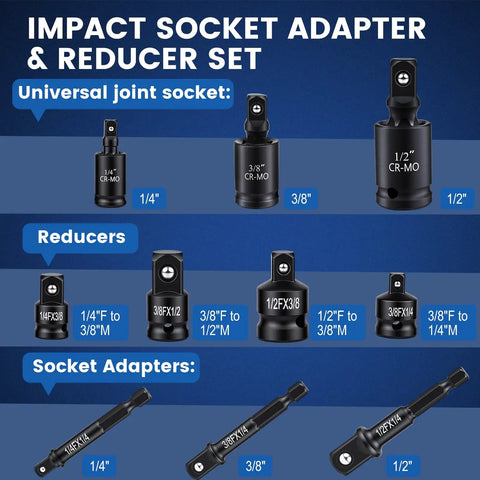 10 Piece Socket Adapter Set For One Quarter Three Eighths One Half Inch Drives With Reducers Universal Joints And Drill Adapters CrMo Steel Built Tough Heavy Duty Impact Gear For Auto Repair And DIY Projects. 1/4, 3/8, 1/2 inch CR-MO adapters and reducers