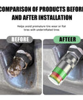 Comparison of corroded valve and Four Pack Tire Pressure Monitor Valve Stem Caps With Three Color Eye Alert Reads 2.4 Bar 36 PSI installed on car
