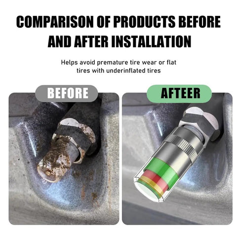 Comparison of corroded valve and Four Pack Tire Pressure Monitor Valve Stem Caps With Three Color Eye Alert Reads 2.4 Bar 36 PSI installed on car