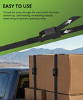 0.75 Inch By 48 Inch Lashing Straps With Cam Buckles securing cargo boxes on a truck bed, no knots needed, black, easy use.