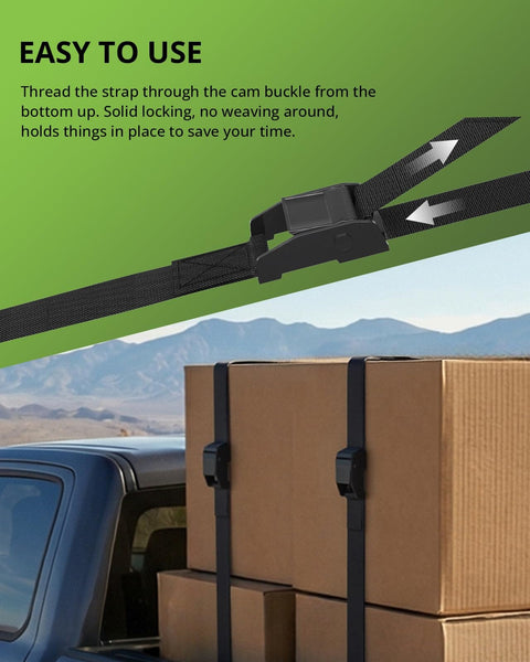 0.75 Inch By 48 Inch Lashing Straps With Cam Buckles securing cargo boxes on a truck bed, no knots needed, black, easy use.