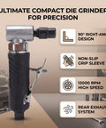 Compact 90 Degree Right Angle Pneumatic Air Die Grinder Hit 12000 RPM for grinding tight spots, features textured grip and rear exhaust.