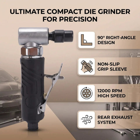 Compact 90 Degree Right Angle Pneumatic Air Die Grinder Hit 12000 RPM for grinding tight spots, features textured grip and rear exhaust.