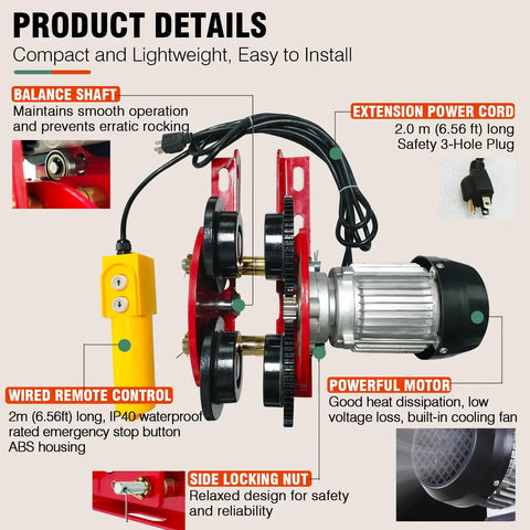 Workhorse Electric Trolley For Power Hoist 1 Ton Capacity 2204 Lbs with motor and remote control setup, red and black