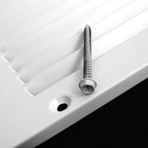 Close-up of 12 Inch By 6 Inch Duct Opening Flat Stamped Steel Return Air Grille For Sidewall And Ceiling White Finish with screw details.