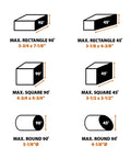 Cutting capacity chart for 14 Inch Chop Saw For Do It All Materials With One Blade Cuts Metal Plastic Wood And More Miter Up To 45 Degrees Includes TCT Blade For Nails And Steel showing max dimensions for rectangle, square, and round cuts at 90° and 45° angles.