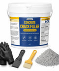 No Fluff Concrete Crack Filler And Heavy Duty Dry Mortar Repair Kit For Indoor Outdoor Projects with gloves, brush, and spatula.