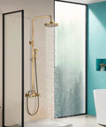 Antique Brass 8 Inch Rain Shower System With Handheld Spray And Dual Knob Mixing Valve installed in a luxury bathroom