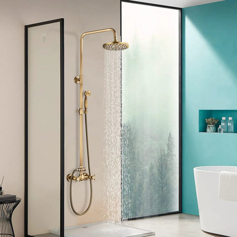 Antique Brass 8 Inch Rain Shower System With Handheld Spray And Dual Knob Mixing Valve installed in a luxury bathroom