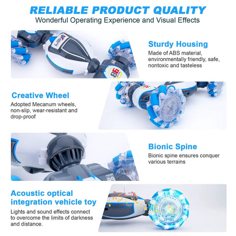 Fosgoit gesture-sensing RC stunt car, white and blue 4WD toy with LED lights and 2.4GHz remote