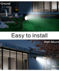 Ultra Bright Solar Spot Lights Outdoor With 7 LEDs shown in-ground on lawn and wall-mounted illuminating house exterior