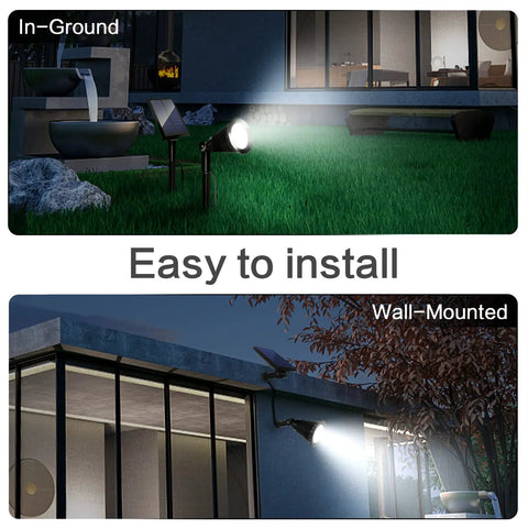 Ultra Bright Solar Spot Lights Outdoor With 7 LEDs shown in-ground on lawn and wall-mounted illuminating house exterior