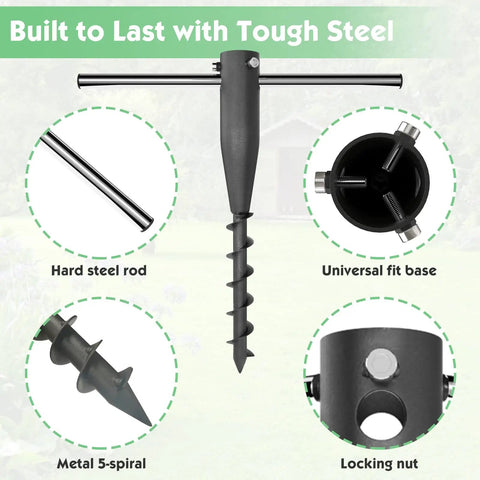 Heavy Duty Steel Beach Umbrella Sand Anchor No Dig Ground Stake Windproof Rod Holder For Umbrellas And Poles Rust Proof Galvanized Metal Unbreakable Build With 12 Month Warranty Ideal For Beach Patio And Tree Stands, featuring tough steel rod and universal fit base.