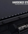 Close-up of Picatinny Riser Mount With Recoil Stop Base Lockdown V3 on firearm, showing hardened steel Torx screws and alignment