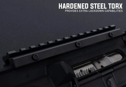Close-up of Picatinny Riser Mount With Recoil Stop Base Lockdown V3 on firearm, showing hardened steel Torx screws and alignment