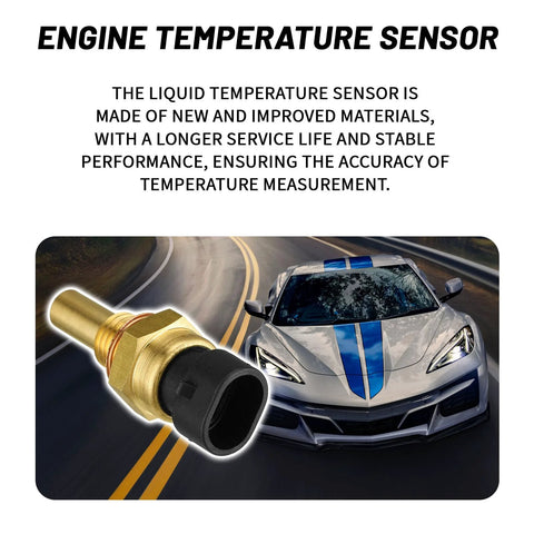 Engine coolant temperature sensor, close-up view, gold brass body with black tip beside a silver sports car.
