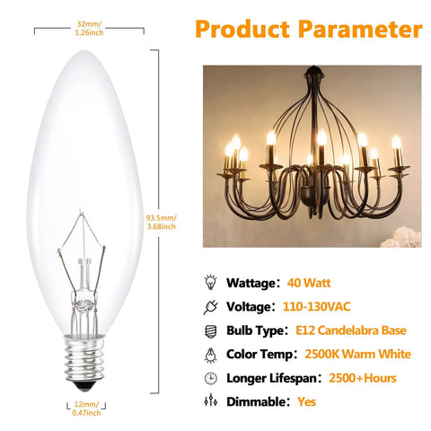 Retro Style Incandescent B10 Light Bulbs 40W 380 Lumens Clear Dimmable E12 Edison Candle Bulbs For Chandeliers And Ceiling Fans 2500K Warm White 12 Pack alongside chandelier illustration and specifications.