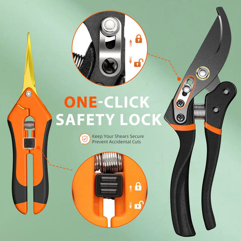 Two Piece Pruning Set with 8.5 Inch Bypass Pruner and 6.5 Inch Precision Snips featuring safety lock mechanism.