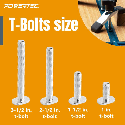 Four sizes of T-bolts next to each other, labeled 3-1/2 in, 2-1/2 in, 1-1/2 in, and 1 in, part of Two Pack T Track Hold Down Clamp Kit