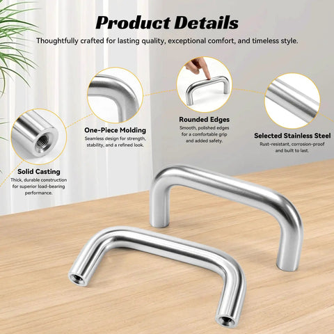 10 Pack Two And One Half Inch Brushed Stainless Steel Cabinet Pulls With 64mm Center-To-Center Spacing on wooden surface