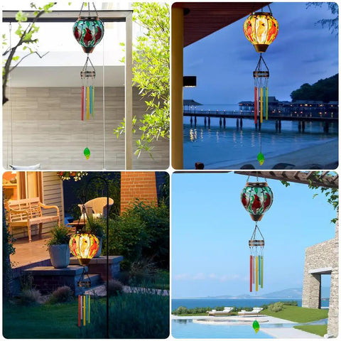 Solar Wind Chimes For Outdoors Featuring Cardinal Hot Air Balloon Glass Wind Chimes with Flickering Flame Night Light Music.