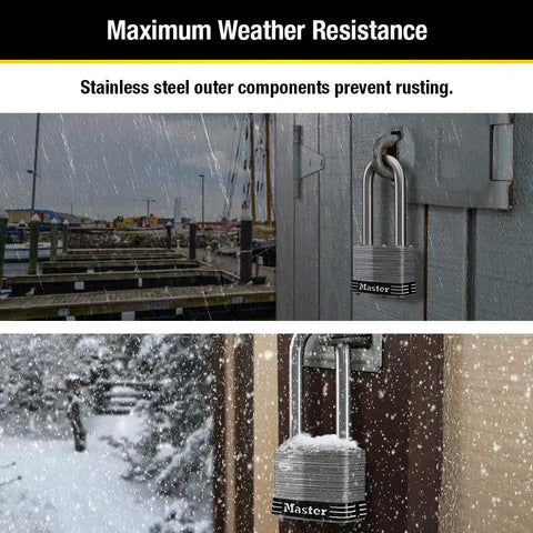 Stainless Steel Outdoor Padlock with Key, 4 Pack Keyed Alike, Marine Grade Security Lock shown in rainy and snowy conditions.