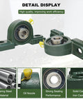 Front view: two green UCP201 pillow block bearings with 1/2 in bore on solid cast-iron base with self-alignment.