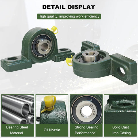 Front view: two green UCP201 pillow block bearings with 1/2 in bore on solid cast-iron base with self-alignment.
