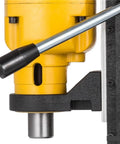 Close-up of Heavy Duty Portable Magnetic Drill Press For Steel Plate Hole Cutting And Core Drilling with yellow motor.