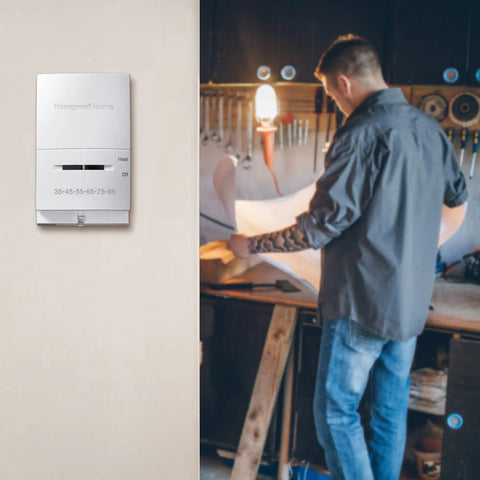 Manual Thermostat For Garage And Outdoor Buildings, Non Programmable White on wall with person working in garage.