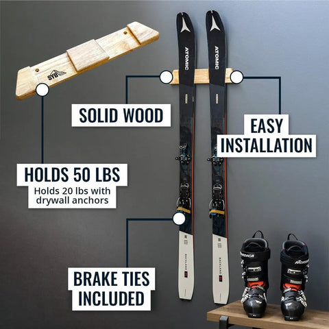 Dope Horizontal Wood Ski Rack Wall Mount With Calibrated Brackets Natural Oak Finish Heavy Duty Storage For Garage Cabin Game Room Holds Fifty Pounds, wall-mounted with skis and boots.