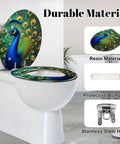 Round Vivid Peacock Colorful Plumage Display Detailed Artwork Toilet Seat on a white toilet with resin material and stainless steel hinge.