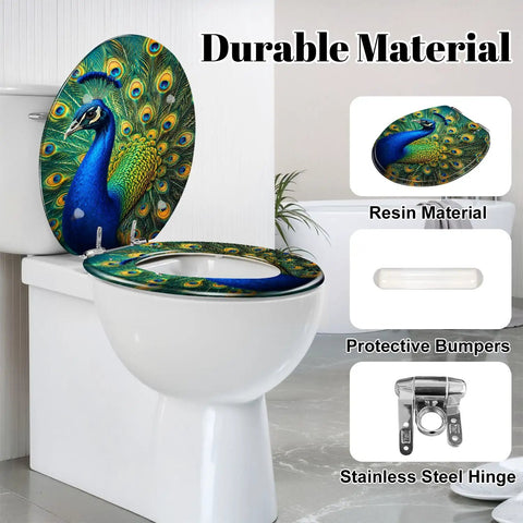 Round Vivid Peacock Colorful Plumage Display Detailed Artwork Toilet Seat on a white toilet with resin material and stainless steel hinge.