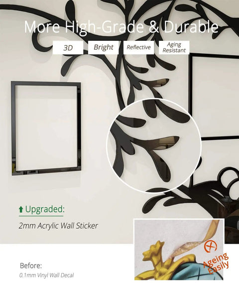 Close-up of Love Family Tree Photo Frame Collage 3D DIY Acrylic Wall Decor showing 3D branches and durable 2mm acrylic frame.