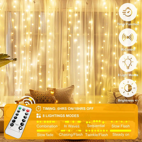 Upgraded Tangle-Free Warm White USB Curtain Lights With 200 LEDs, 6.6Ft By 6.6Ft Window String, remote on sofa, glowing light